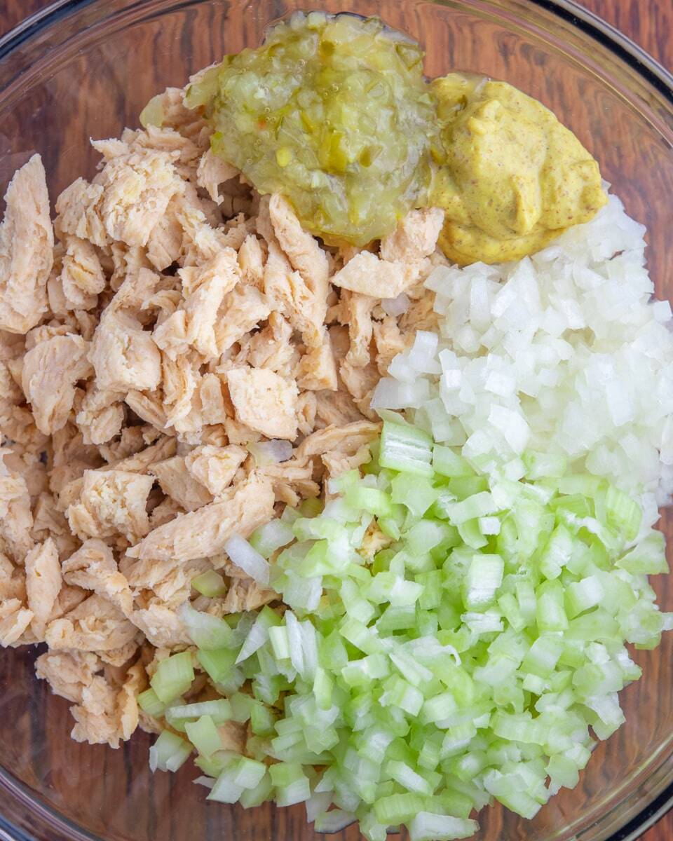 ingredients for chick'n salad in a bowl, not mixed yet
