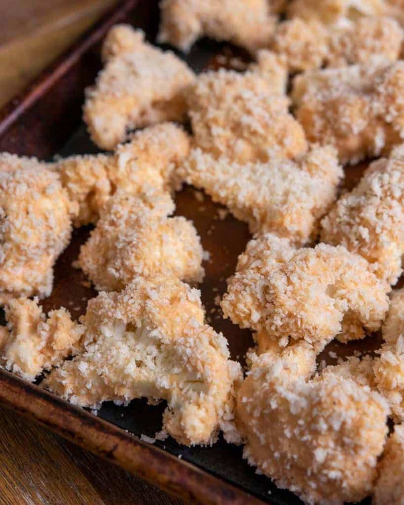closeup of breaded cauliflower ready to go into the oven