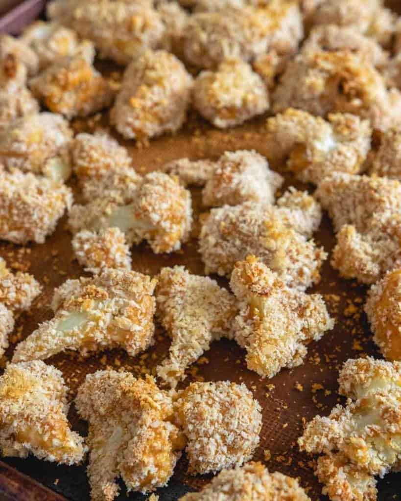 alternate angle of crispy cauliflower just out of the oven