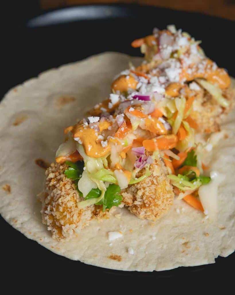 different angle of cauliflower taco with cabbage slaw