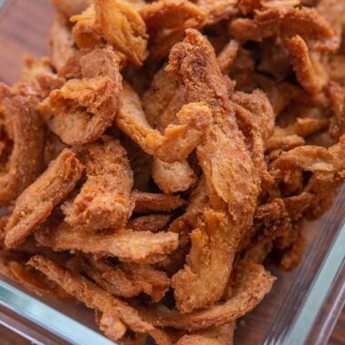 container of soy curl jerky, closeup