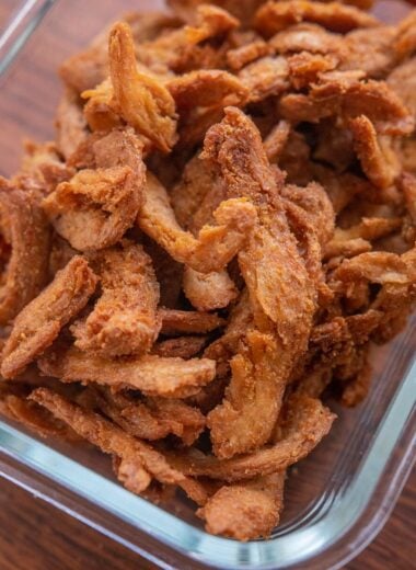 container of soy curl jerky, closeup