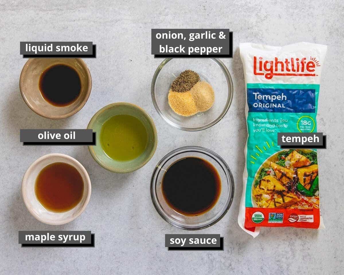 overhead shot of ingredients for tempeh bacon