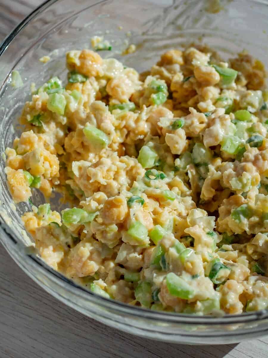close up of vegan chickpea tuna salad in a bowl