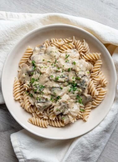 overhead shot of vegan mushroom stroganoff ready to be eaten