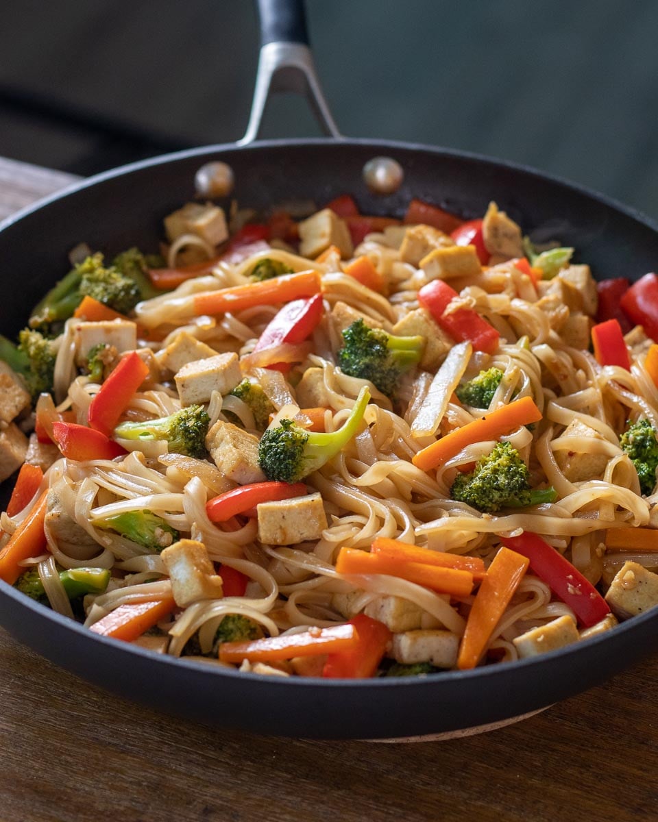 closeup of skillet with noodles just stir-fried