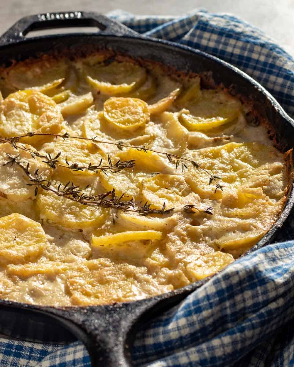 close up of vegan scalloped potatoes, topped with a few sprigs of fresh thyme