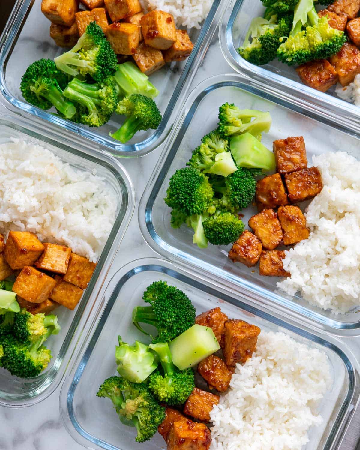 overhead shot of vegan teriyaki rice bowl meal prep