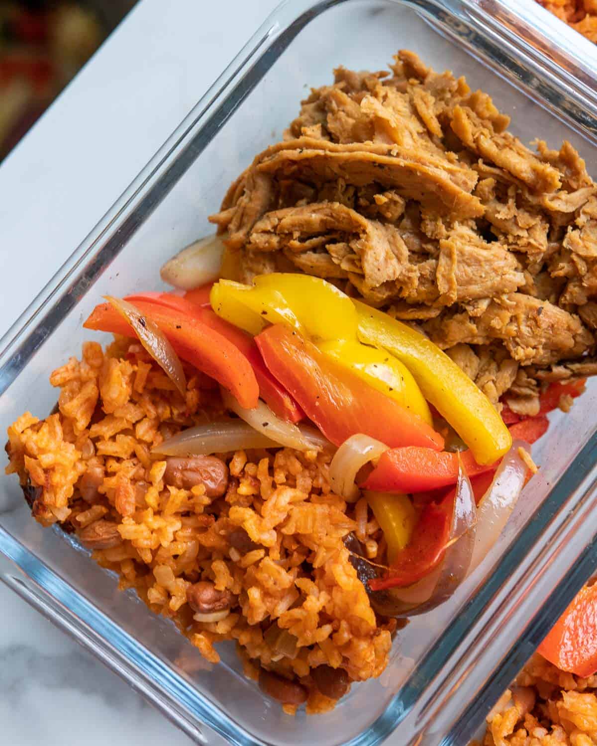 overhead of vegan fajita bowl meal prep