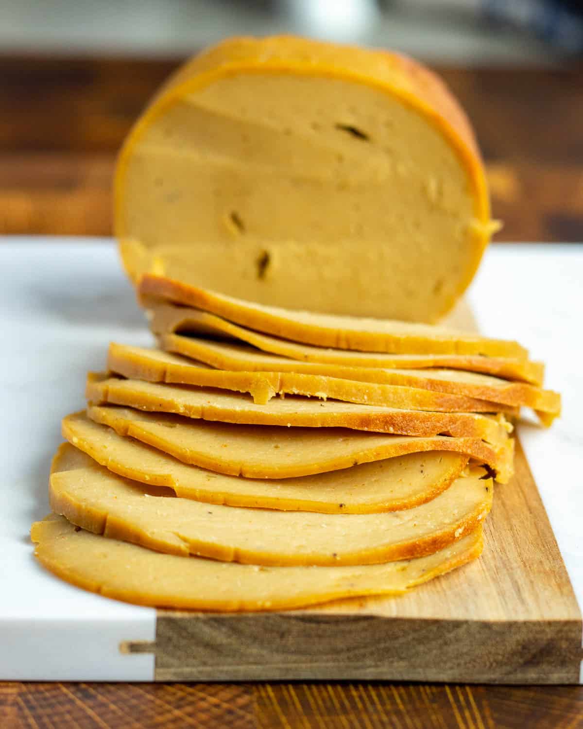 closeup of vegan lunch meat, to demonstrate texture