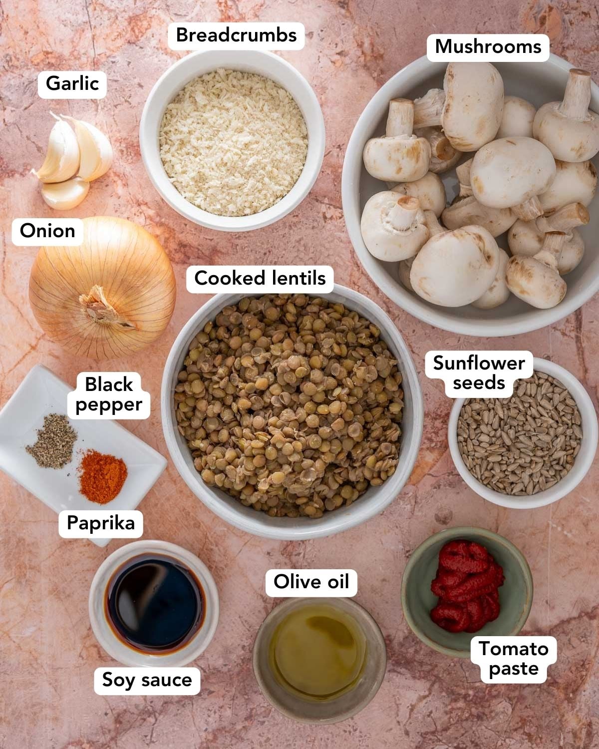 Flat lay of ingredients for lentil burgers