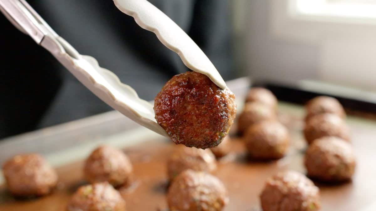 close up of a cooked Impossible meatball, golden brown and crispy