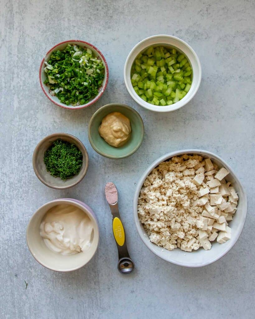 An overhead shot of ingredients for tofu egg salad.