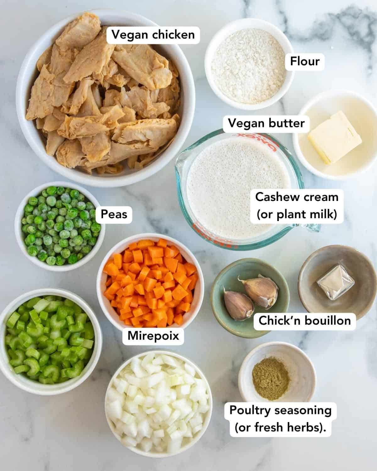 An overhead shot of all of the ingredients for vegan chicken pot pie.