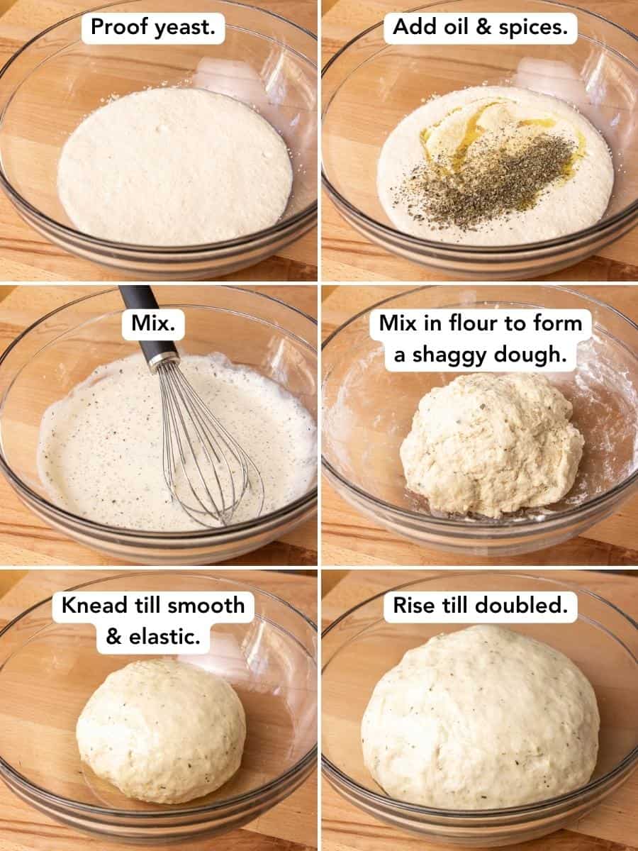 A compilation of process images for the first 6 steps of making garlic herb pull-apart bread