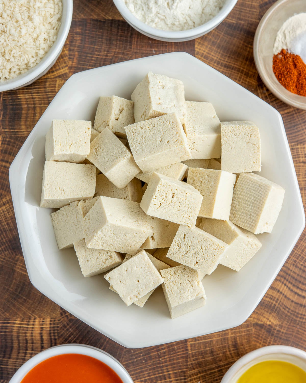 overhead shot of cubed raw tofu