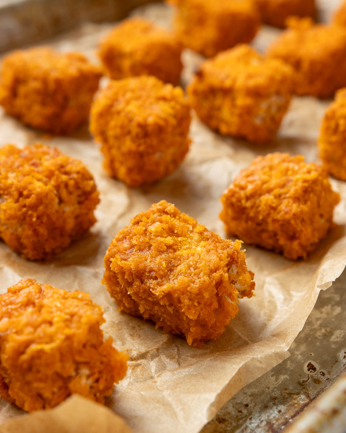 close up of buffalo tofu cubes