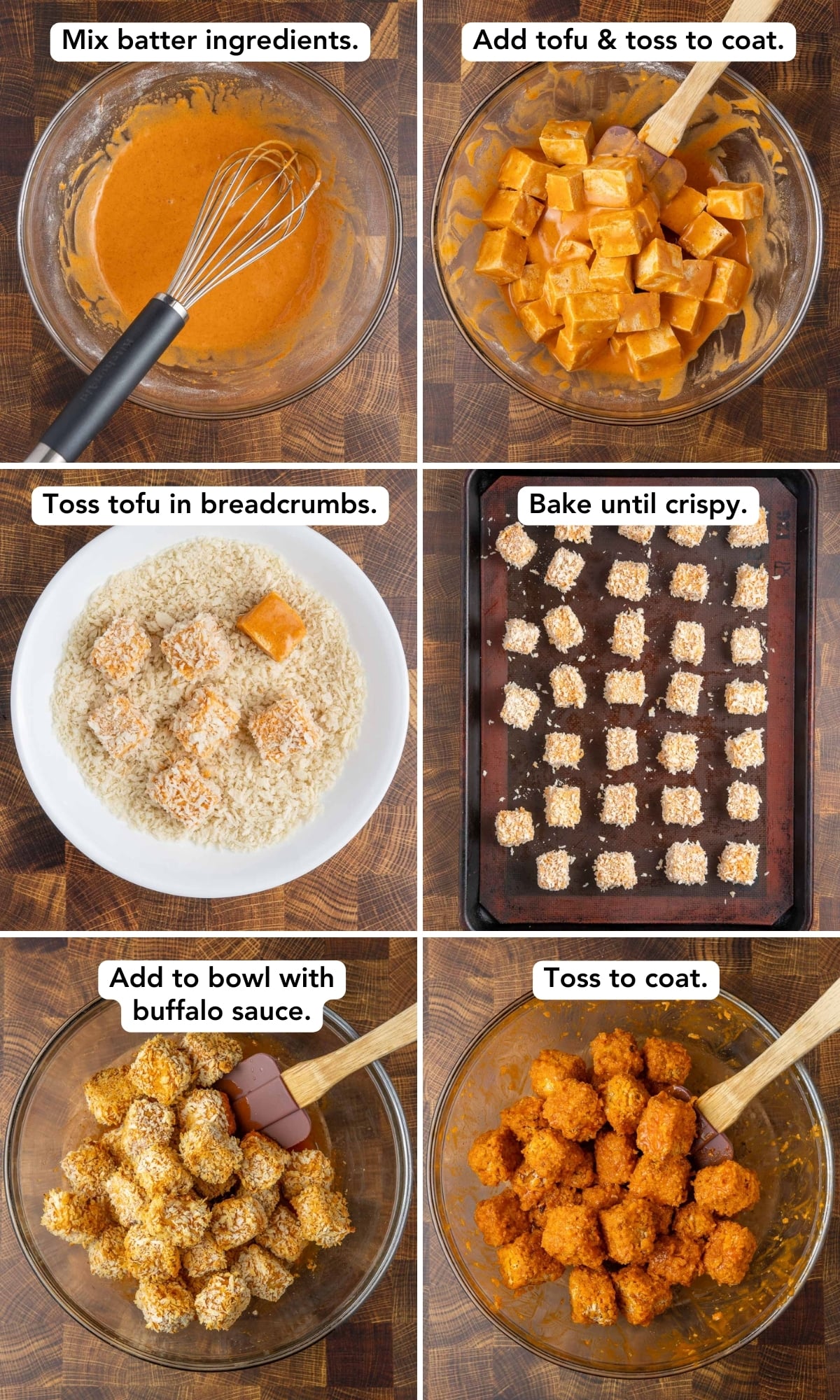 six panels showing the instructions for how to make buffalo tofu