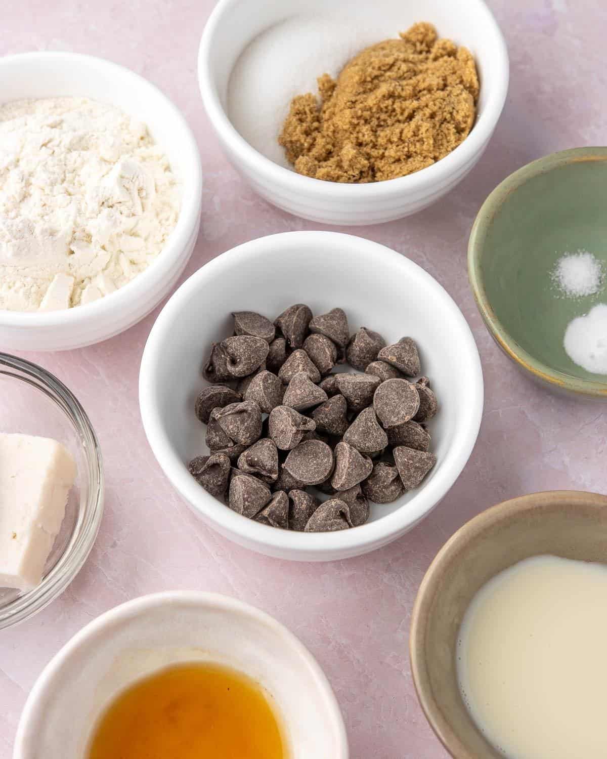 vegan chocolate chips in a white pinch bowl