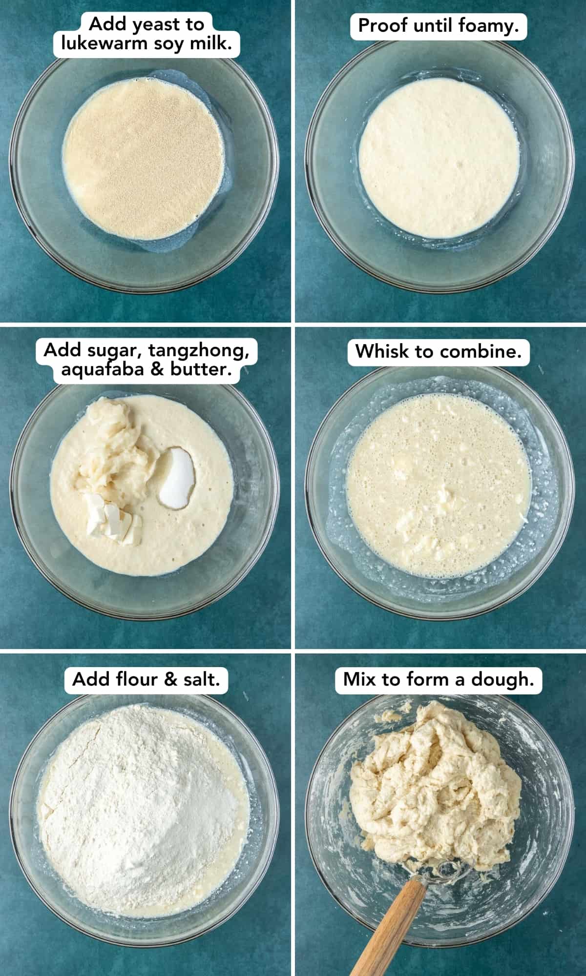 six panel image of the procedure for making vegan cinnamon rolls