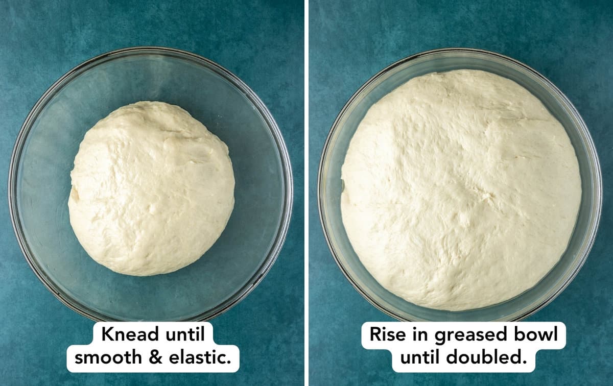 left: a ball of dough sitting in a large glass mixing bowl right: ball of dough after rising in a large glass mixing bowl