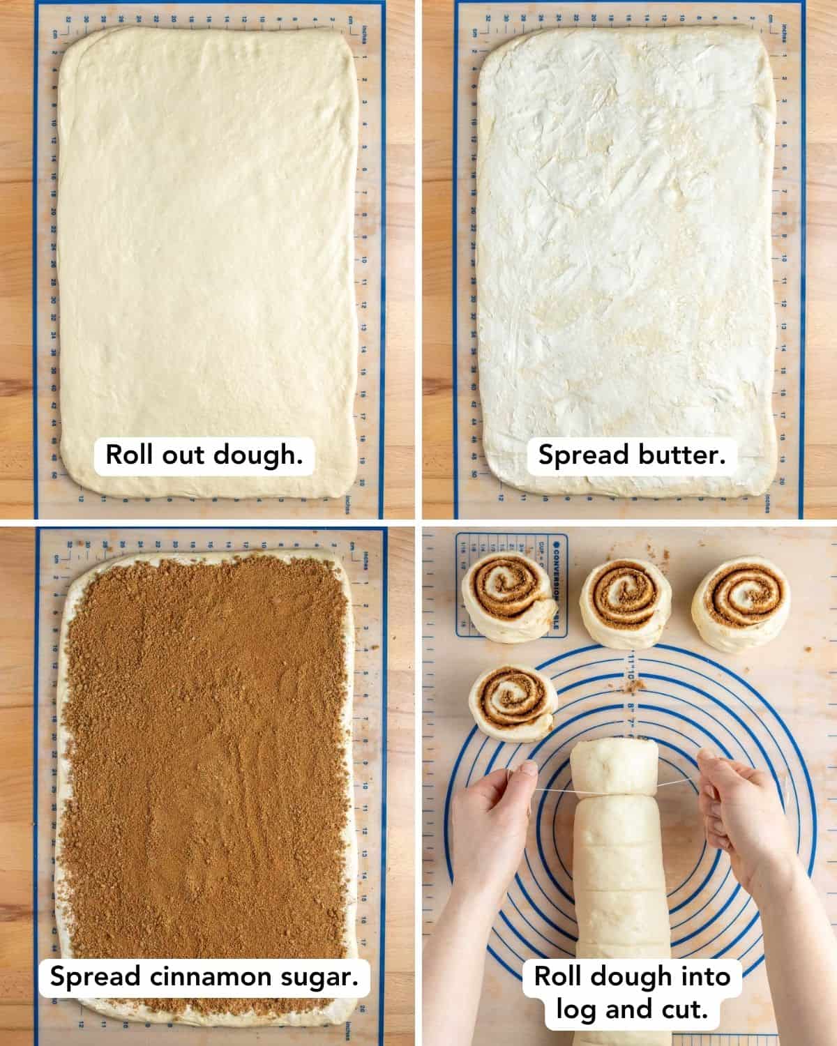 four panel image of dough being rolled out, spread with butter, topped with cinnamon sugar, and being rolled and cut
