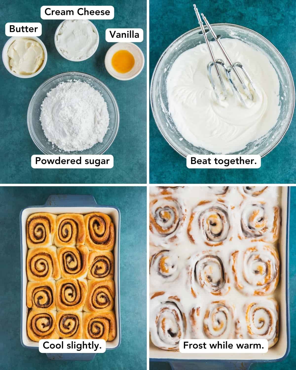 top left: ingredients for vegan cream cheese frosting top right: frosting ingredients mixed in a bowl bottom left: unfrosted cinnamon rolls in a baking dish bottom right: frosted cinnamon rolls in a baking dish