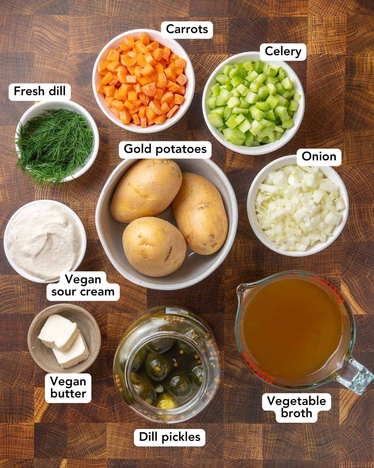 overhead shot of all the necessary ingredients for vegan pickle soup