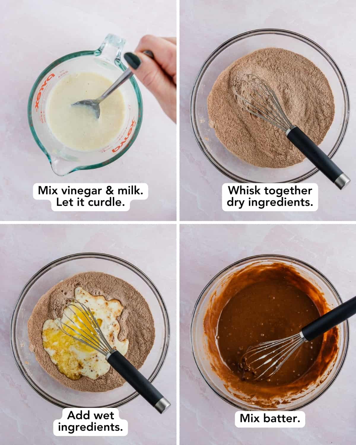 four-panel overhead shot of making batter for vegan molten lava cake