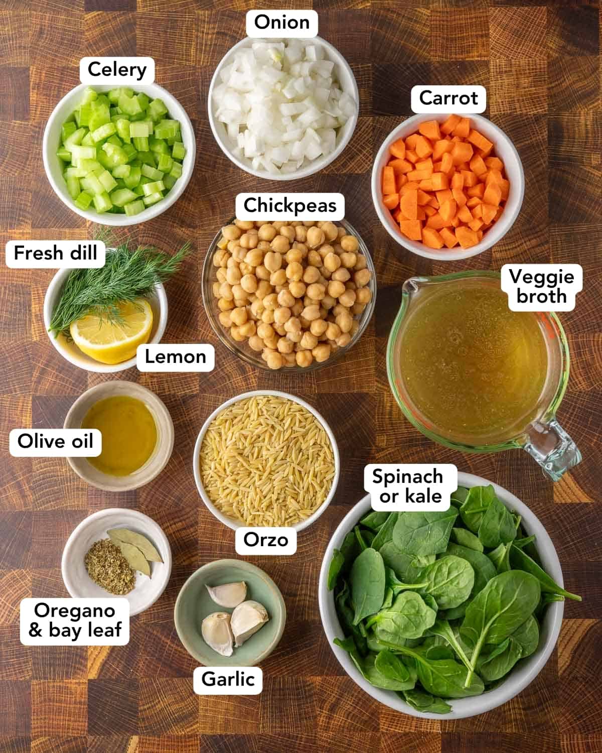 overhead shot of ingredients for lemon chickpea orzo soup