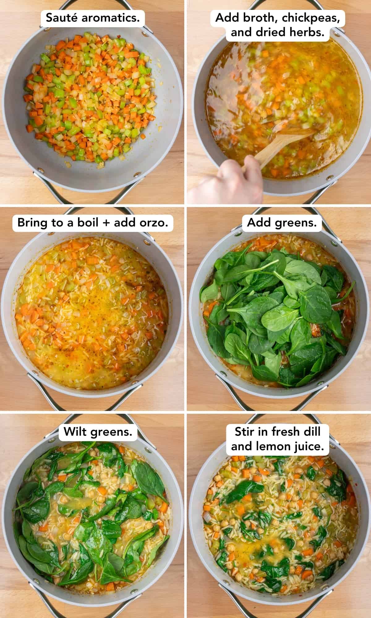 6-panel shot of the procedure for lemon chickpea orzo soup