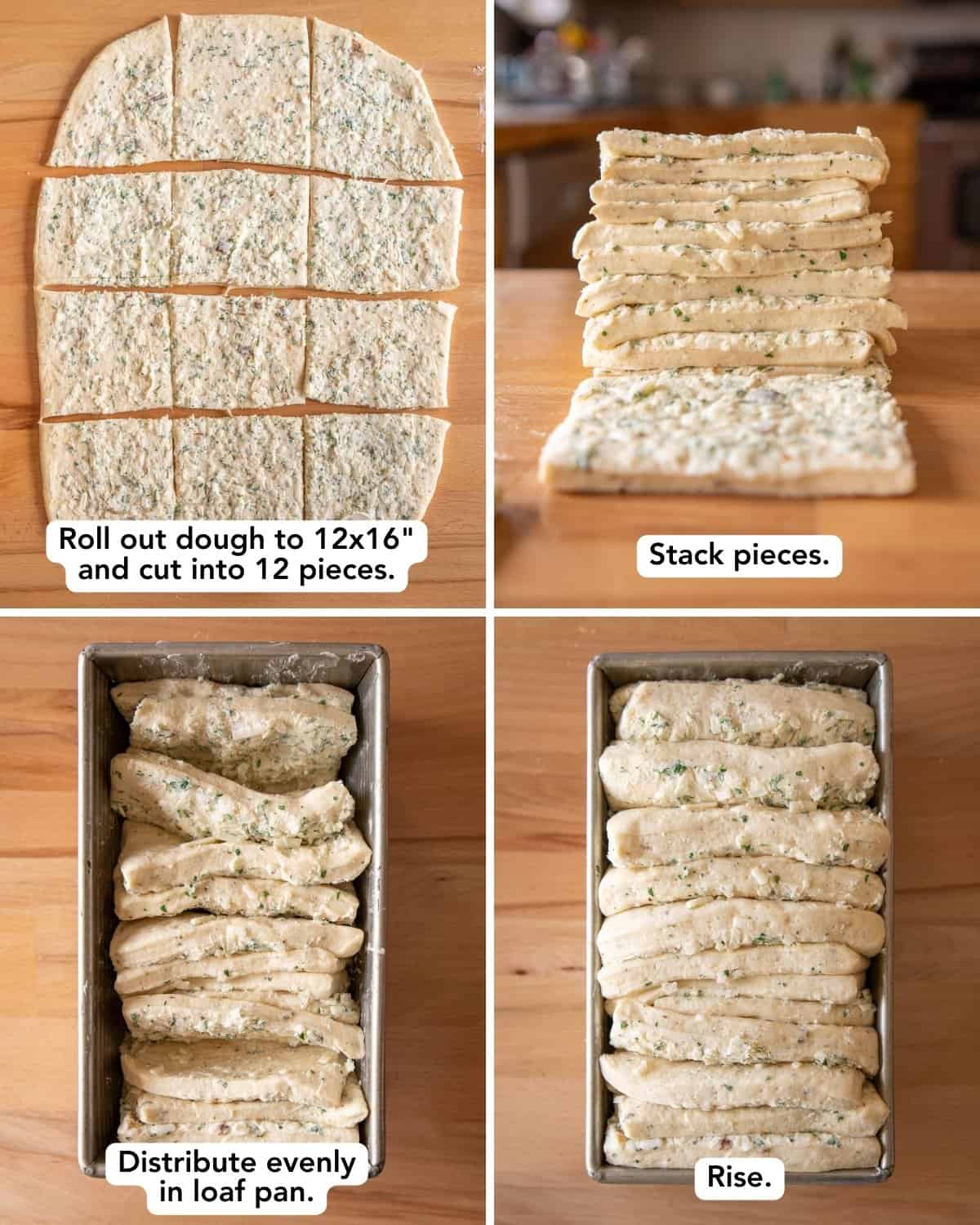 4 panel graphic of how to make garlic herb pull-apart bread
