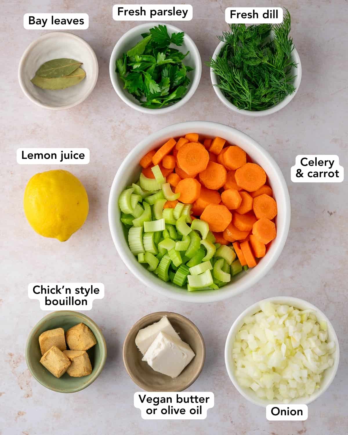 overhead shot of ingredients for vegan matzo ball soup