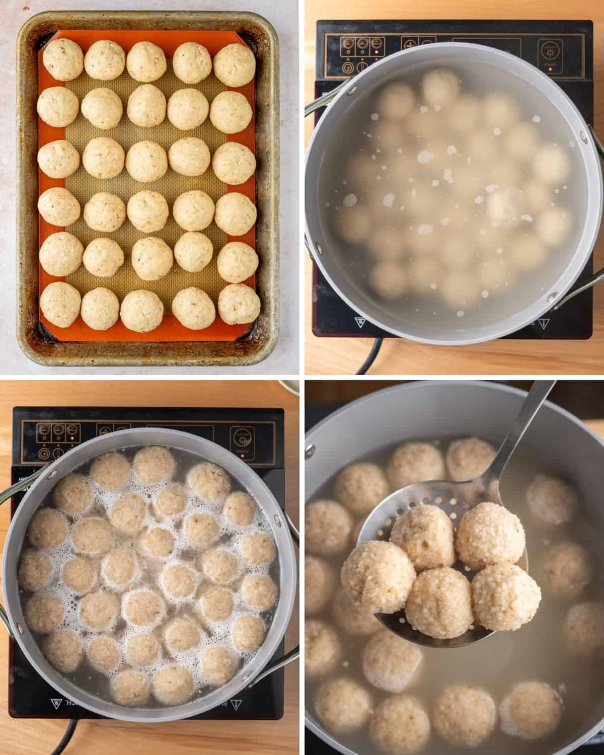 four-panel photo of how to cook the vegan matzo balls