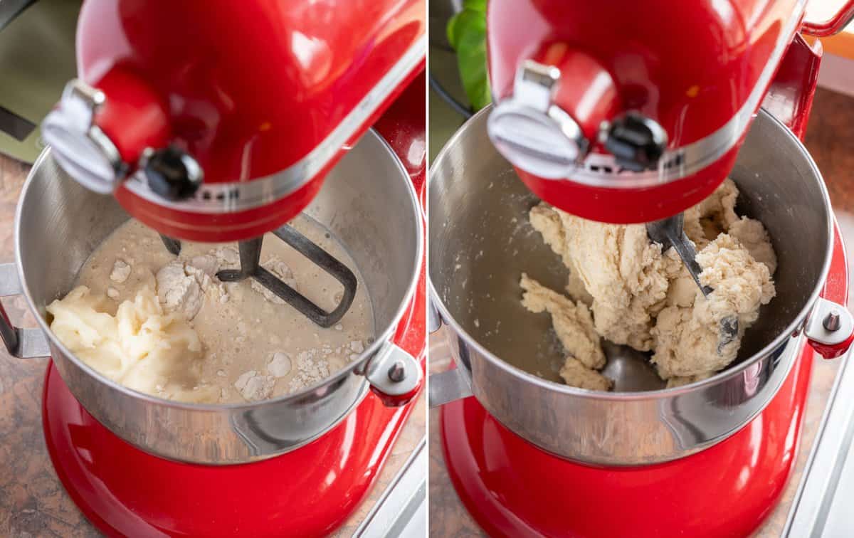 dough being kneaded in a KitchenAid mixer