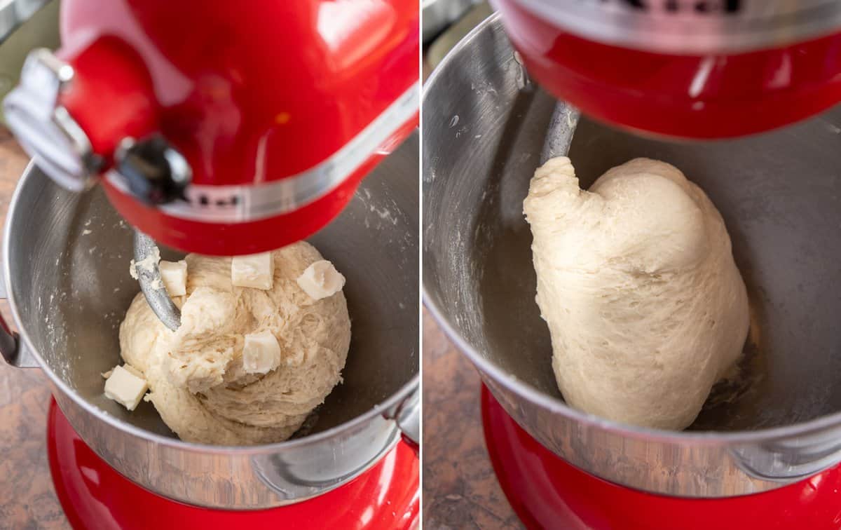 vegan butter being added to dough while being kneaded in a mixing bowl