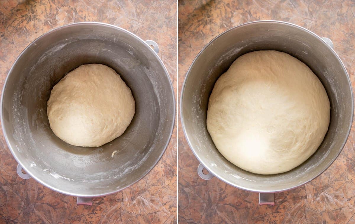 two panel overhead shot showing vegan milk bread dough rising in a metal mixing bowl