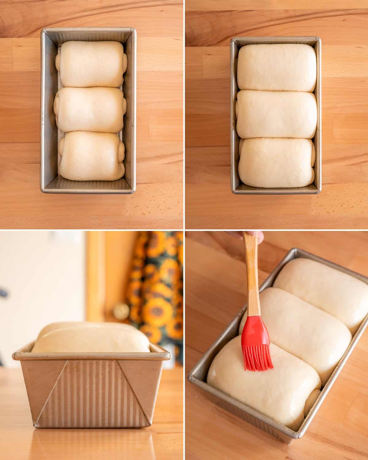 four-panel shot of vegan milk bread dough rising in a tin loaf pan and getting brushed with vegan egg wash
