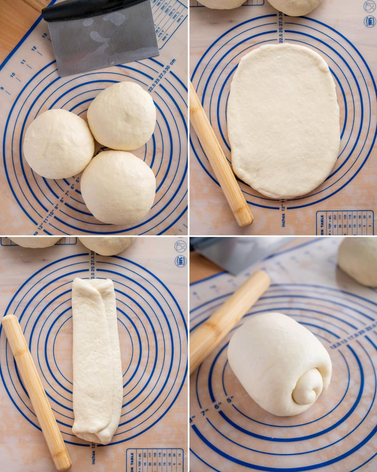 four panel image showing vegan milk bread get shaped into balls, rolled out, and rolled up