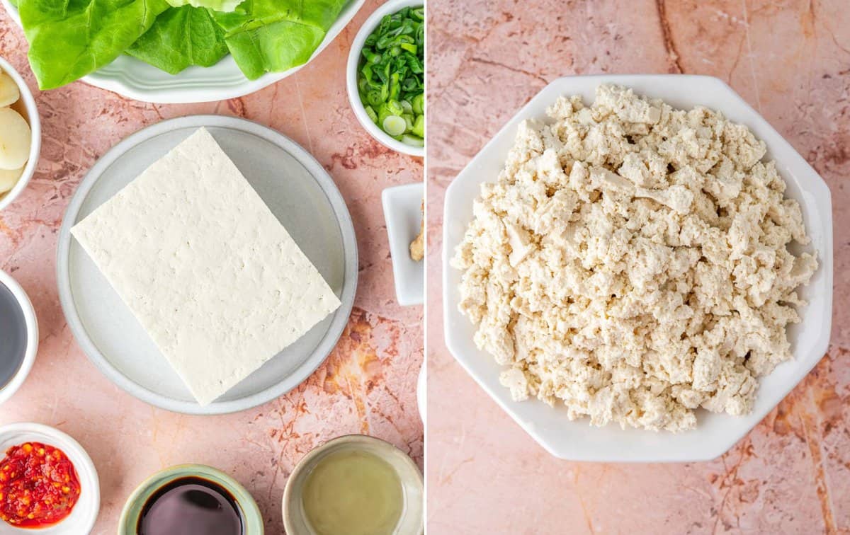 left: a block of tofu surrounded by other ingredients. right: a bowl of crumbled tofu.