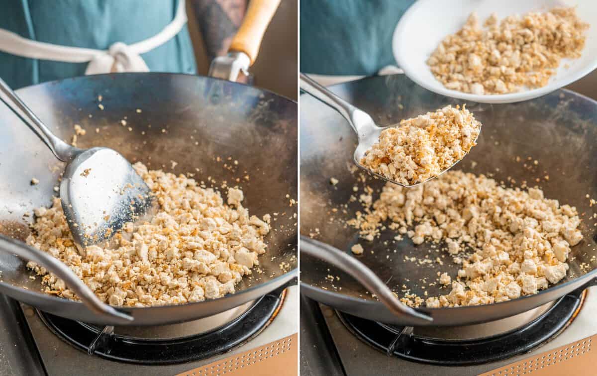 cooking crumbled tofu in a carbon steel wok