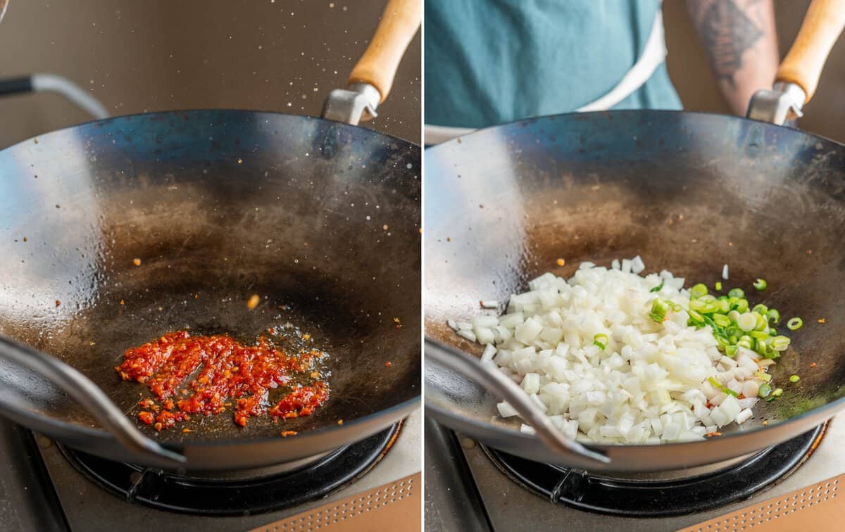 left: chili paste blooming in oil. right: onions and scallions being stir-fried in oil.