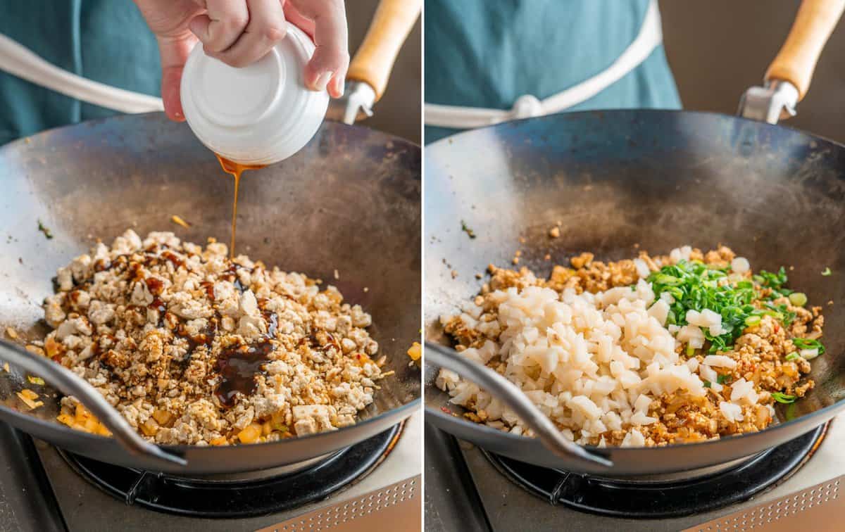 crumbled tofu, sauce, water chestnuts, and scallions being added to stir-fry