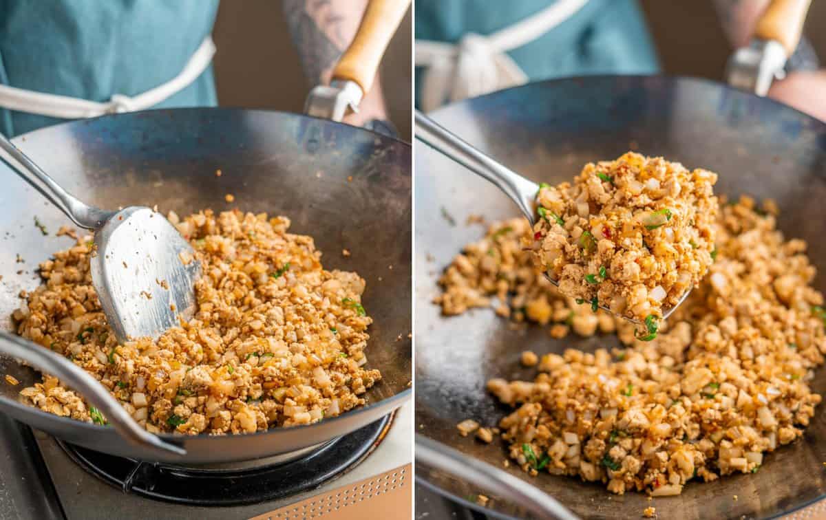 filling for tofu lettuce wraps being stir-fried in a wok