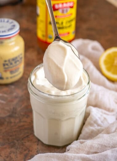 spoonful of vegan mayo to show creamy texture