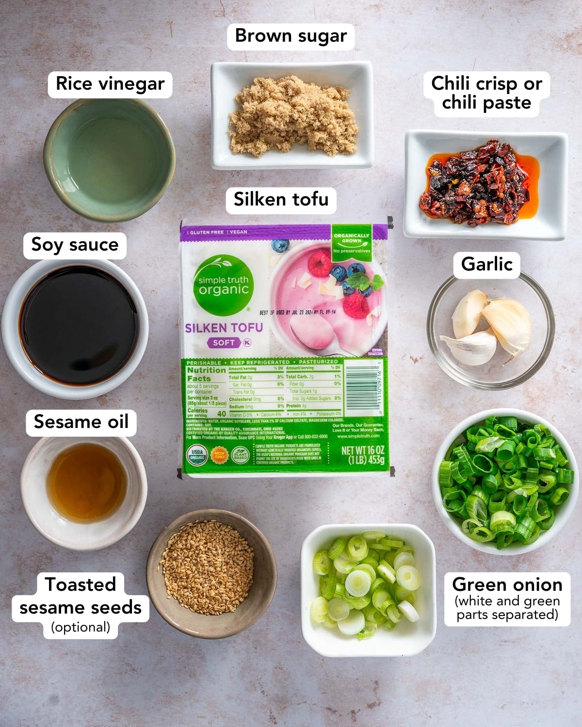 flat lay of chili garlic silken tofu ingredients