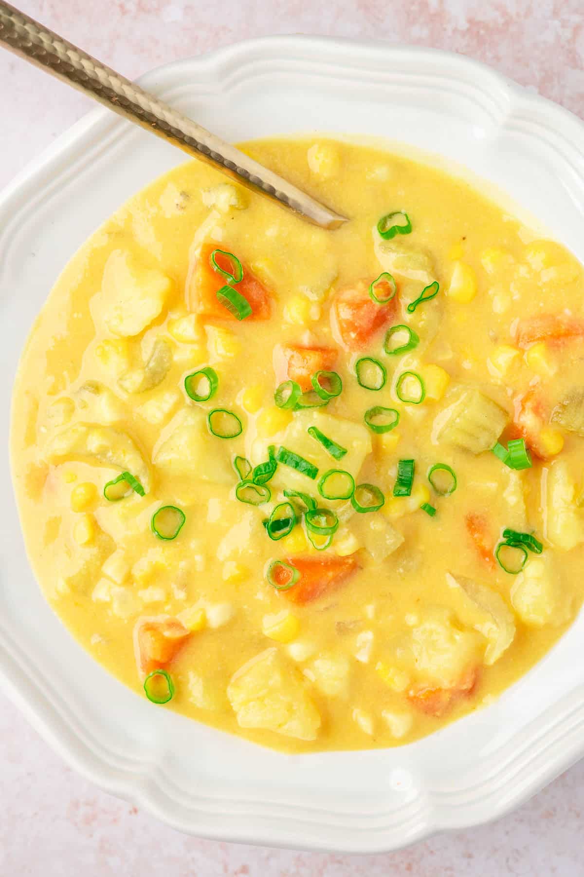 close up of a bowl of potato corn chowder
