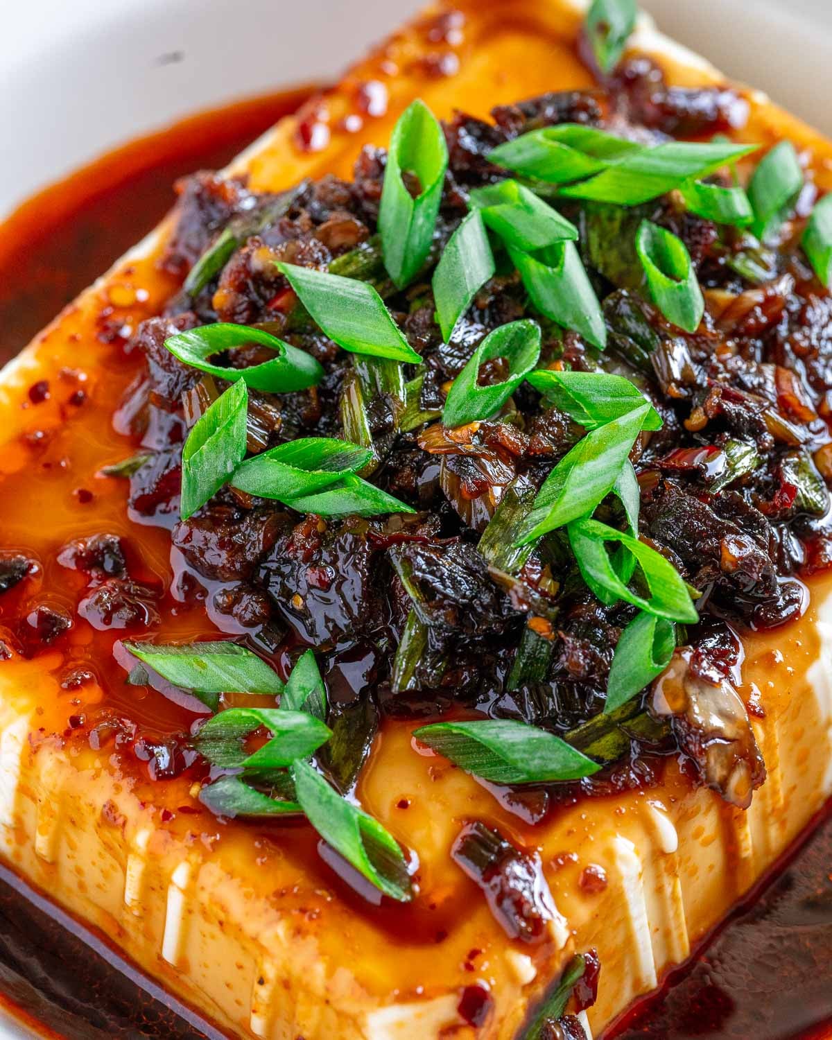 Closeup of chili garlic tofu plated