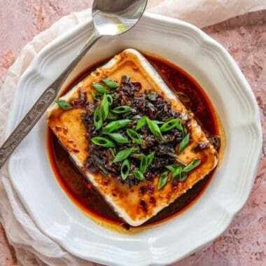 Overhead image of chili garlic tofu in a bowl