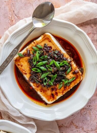 Overhead image of chili garlic tofu in a bowl